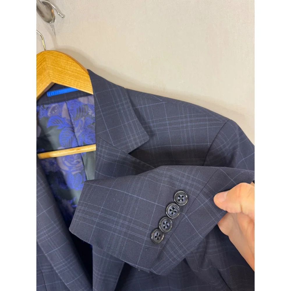 Sondergaard Copenhagen Mens 42R Slim Fit Navy Blue Windowpane Plaid Blazer